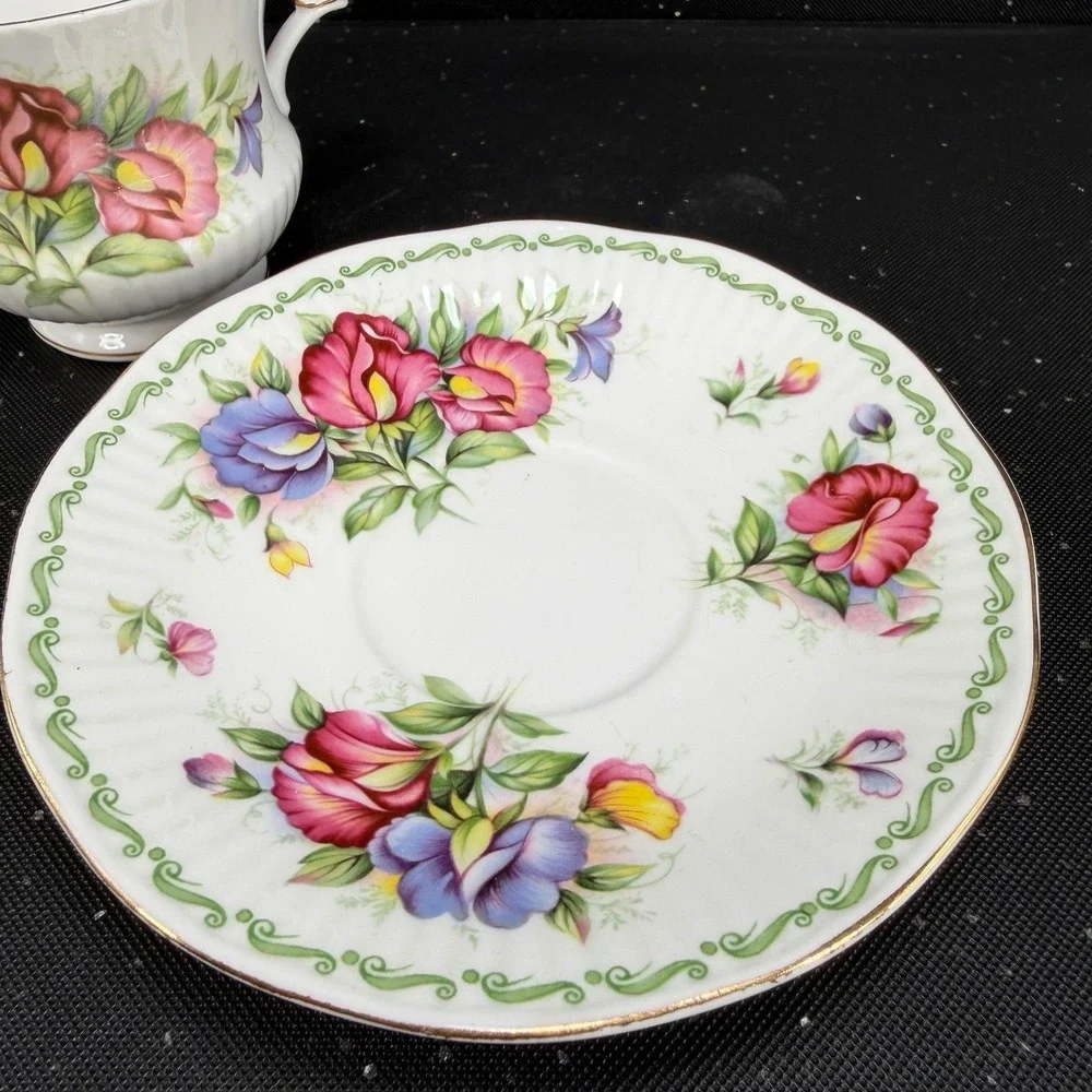 Queen's Special Flowers April Sweet Pea Tea Cup Saucer Set Rosina China England